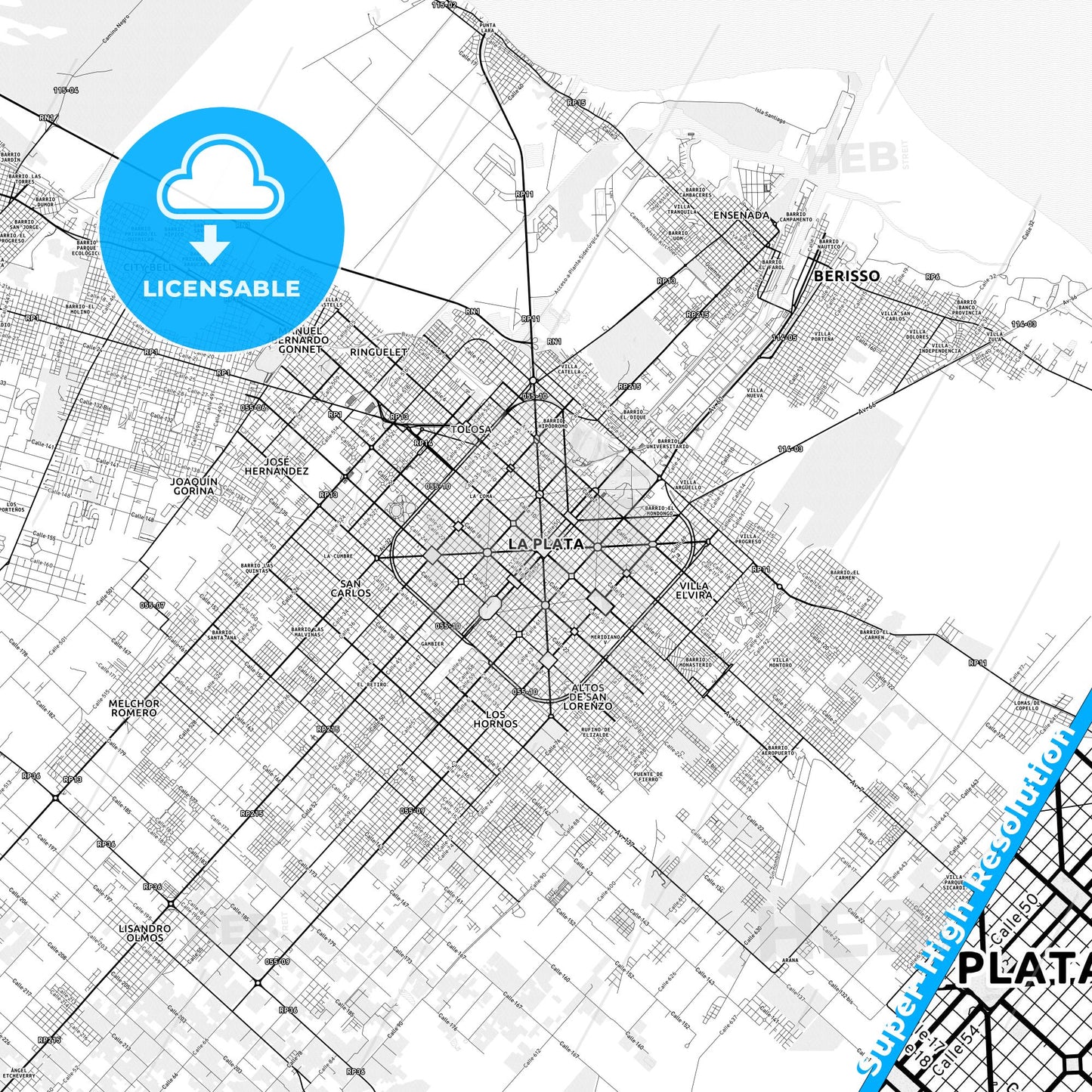 La Plata, Argentina light map with streetnames, citynames and districts