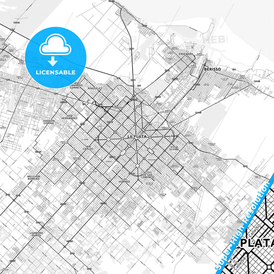 La Plata, Argentina light map with streetnames, citynames and districts