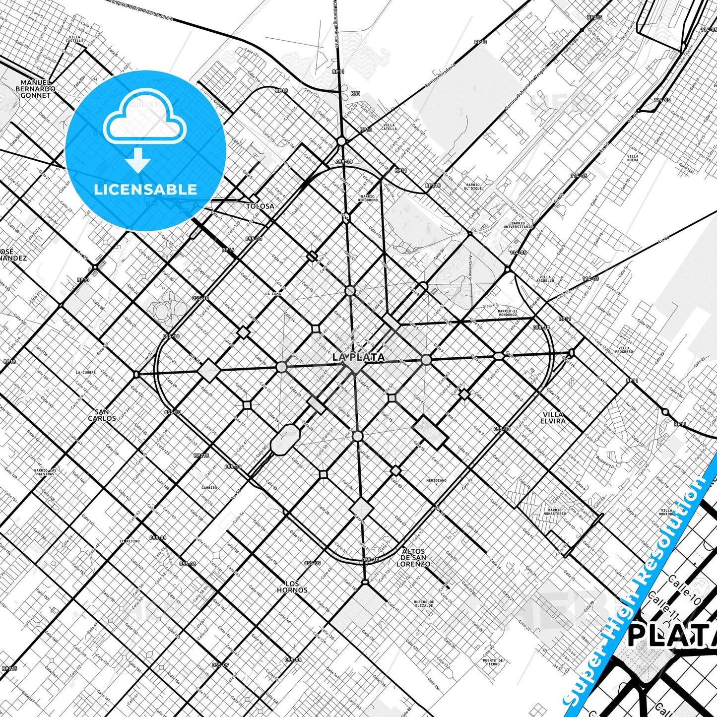 La Plata, Argentina Light Map with Street Names, City Names, and Districts