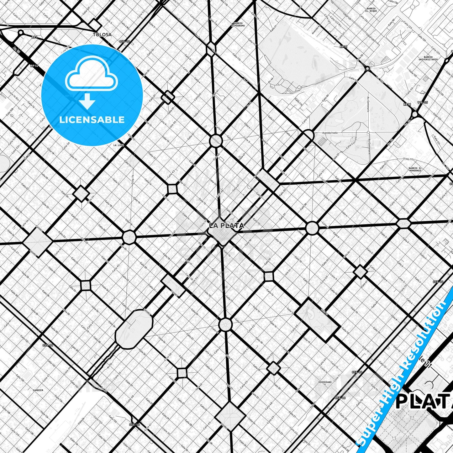 La Plata, Argentina Light Map with Street Names, City Names, and Districts