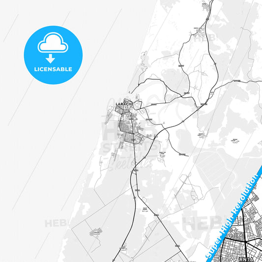 Larache, Morocco light map with streetnames, citynames and districts
