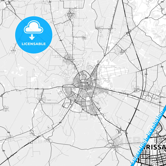 Larissa, Greece light map with streetnames, citynames and districts