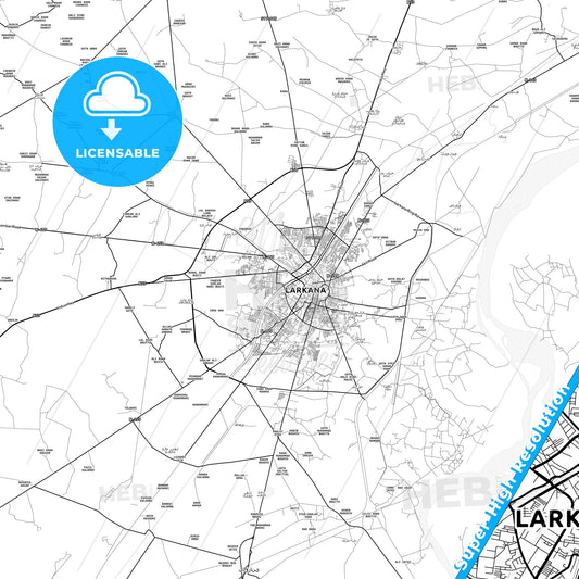 Larkana, Pakistan light map with streetnames, citynames and districts