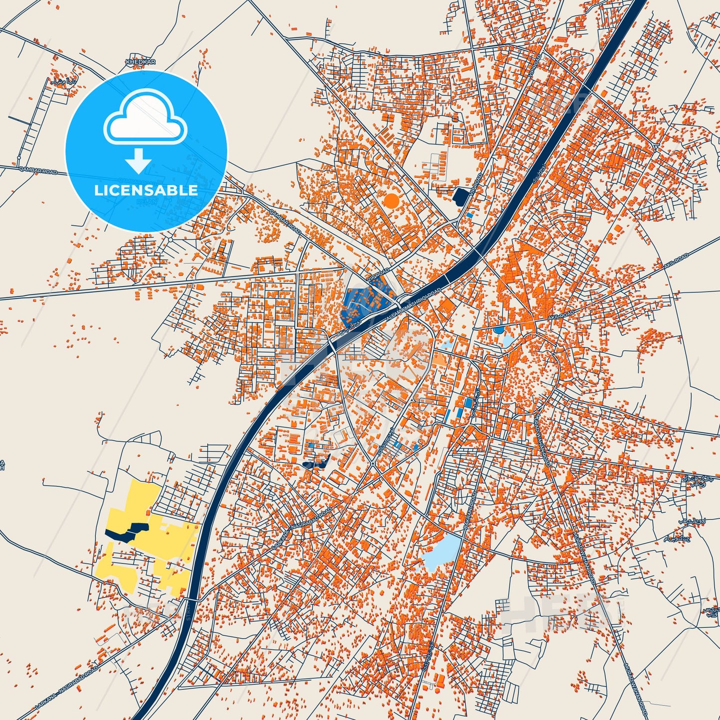 Colorful Larkana Street Map with Labels and Buildings