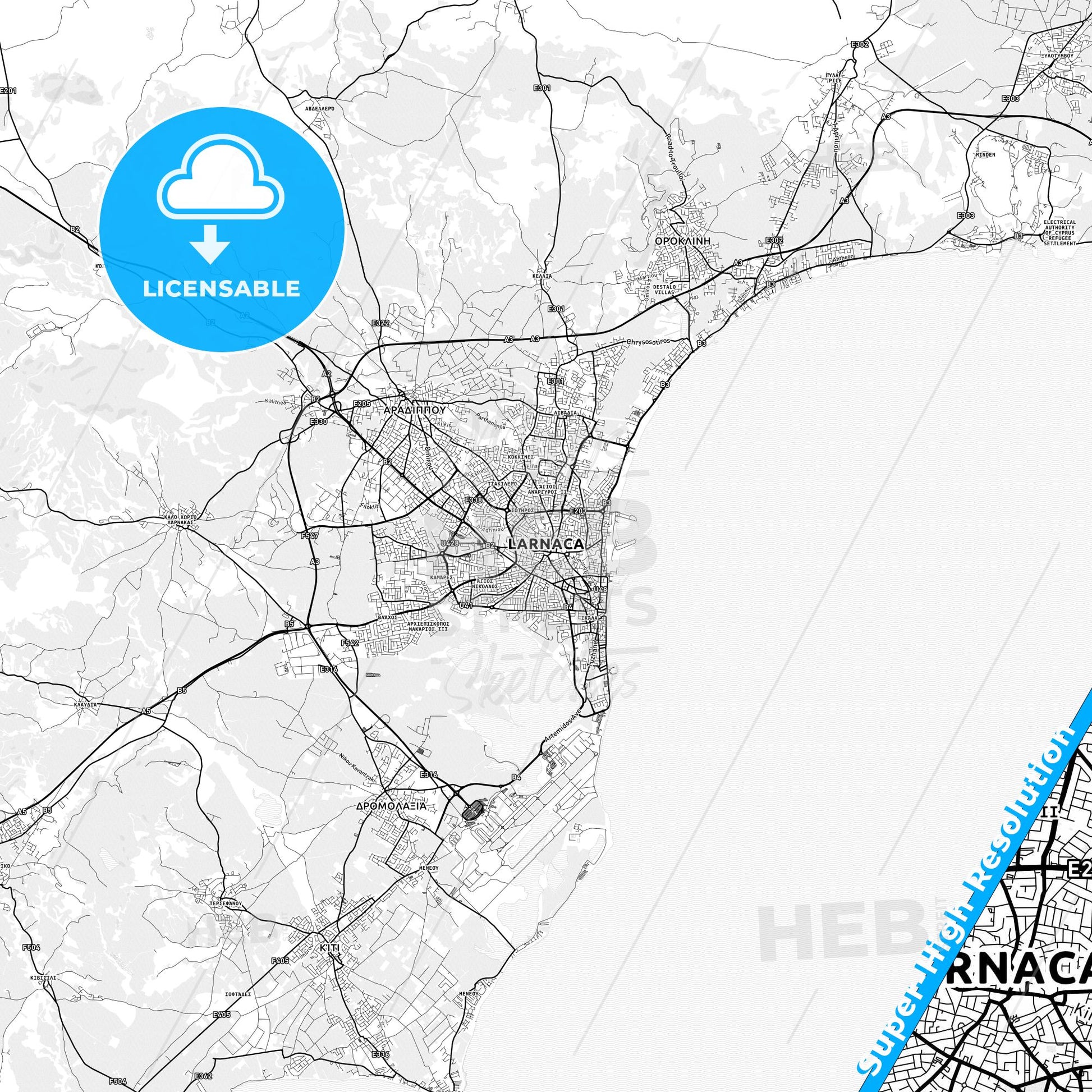 Larnaca  , Cyprus light map with streetnames, citynames and districts