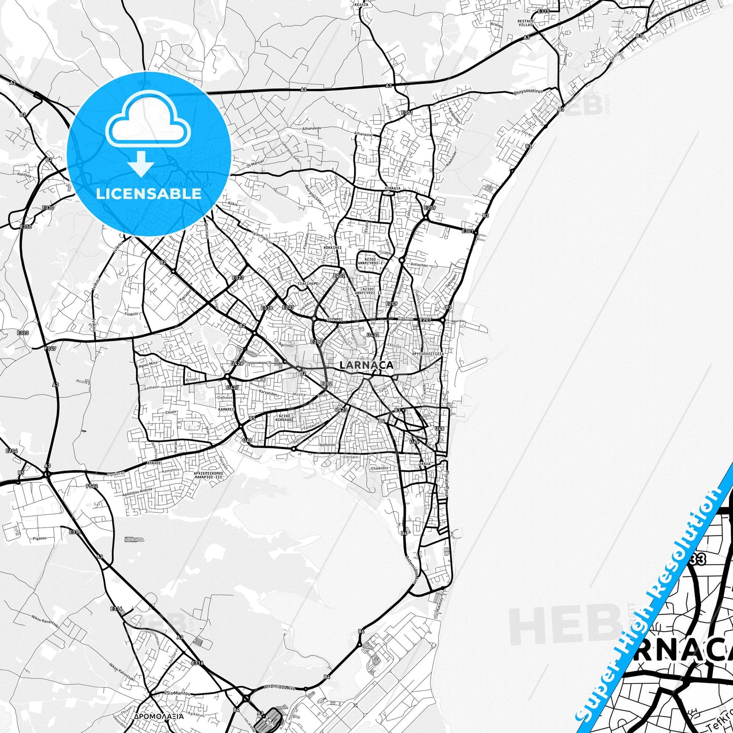 Larnaca  , Cyprus Light Map with Street Names, City Names, and Districts