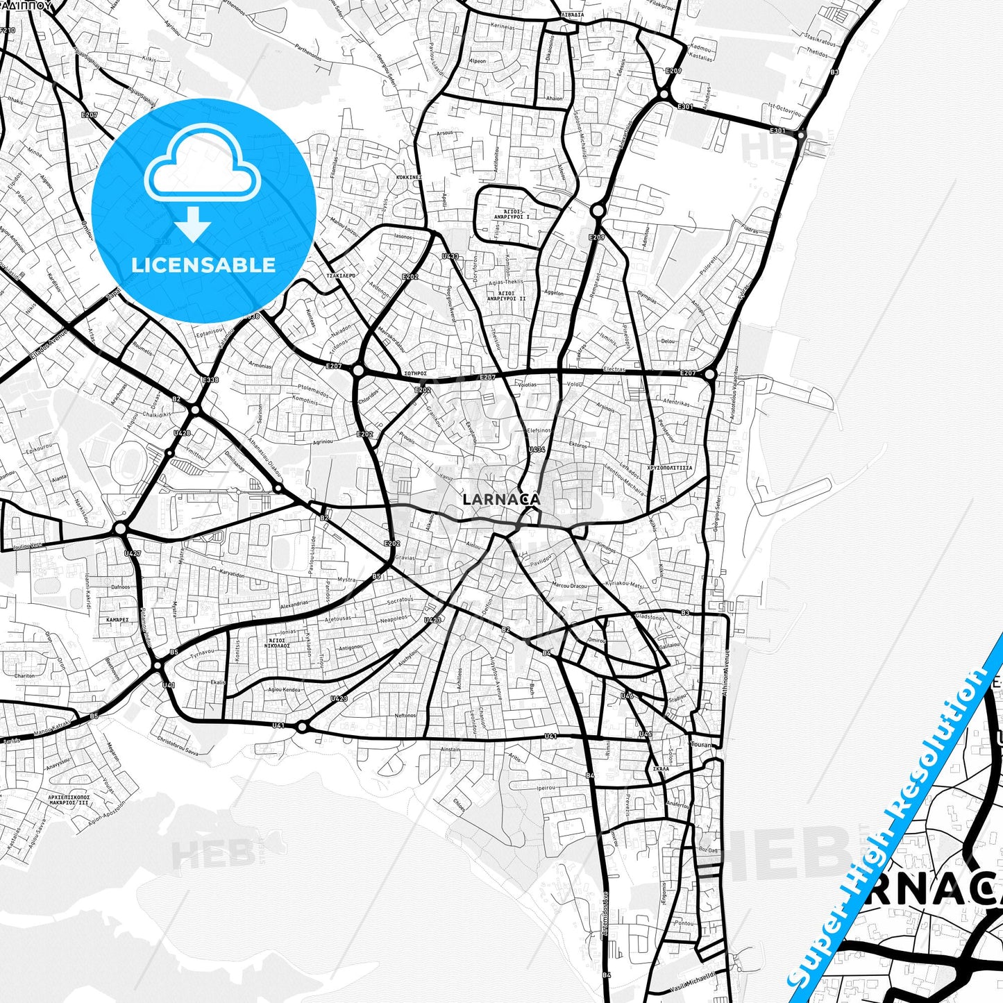Larnaca  , Cyprus Light Map with Street Names, City Names, and Districts