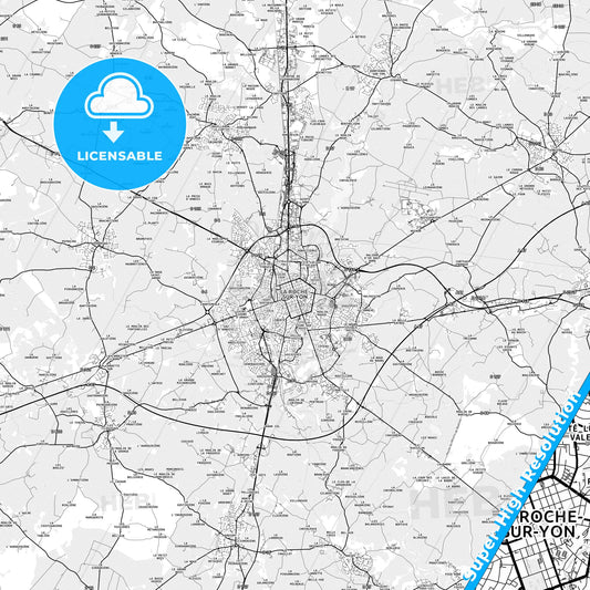 La Roche-sur-Yon, France light map with streetnames, citynames and districts