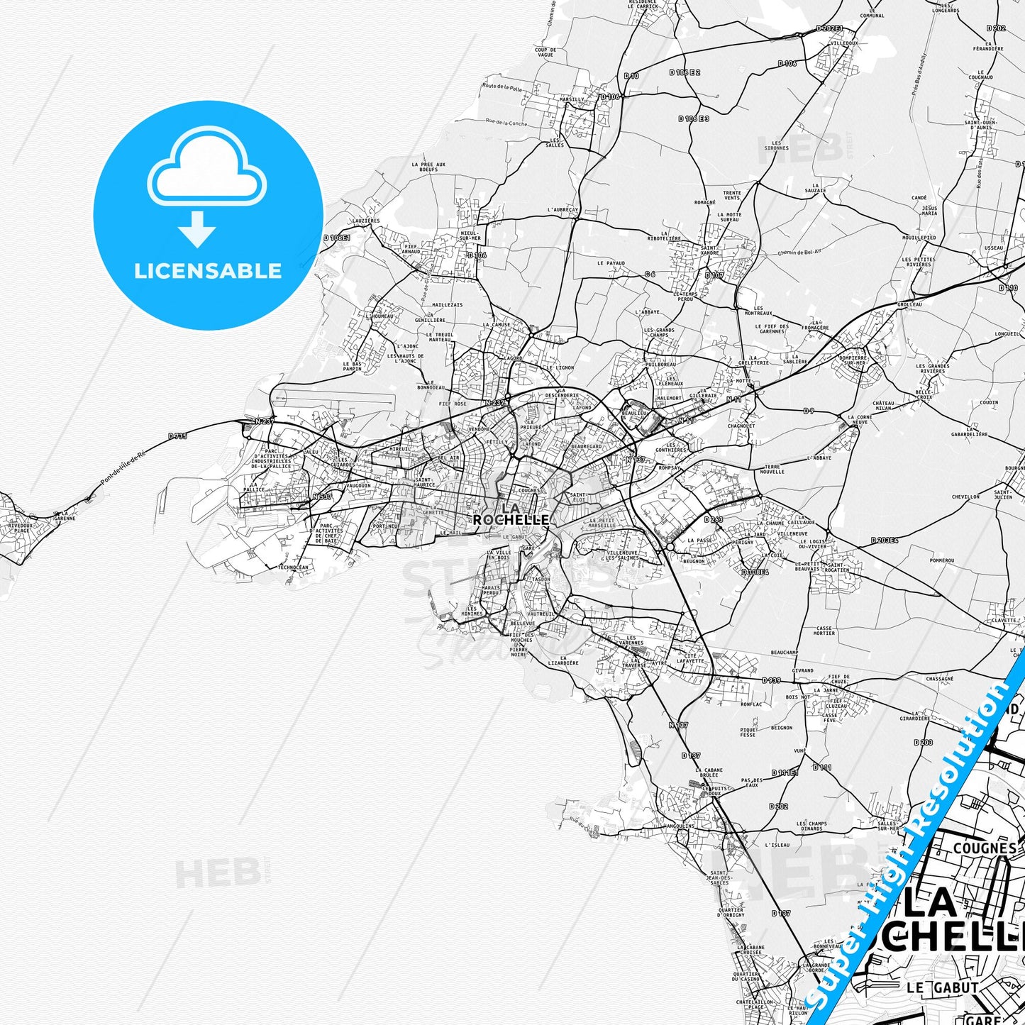 La Rochelle, France light map with streetnames, citynames and districts