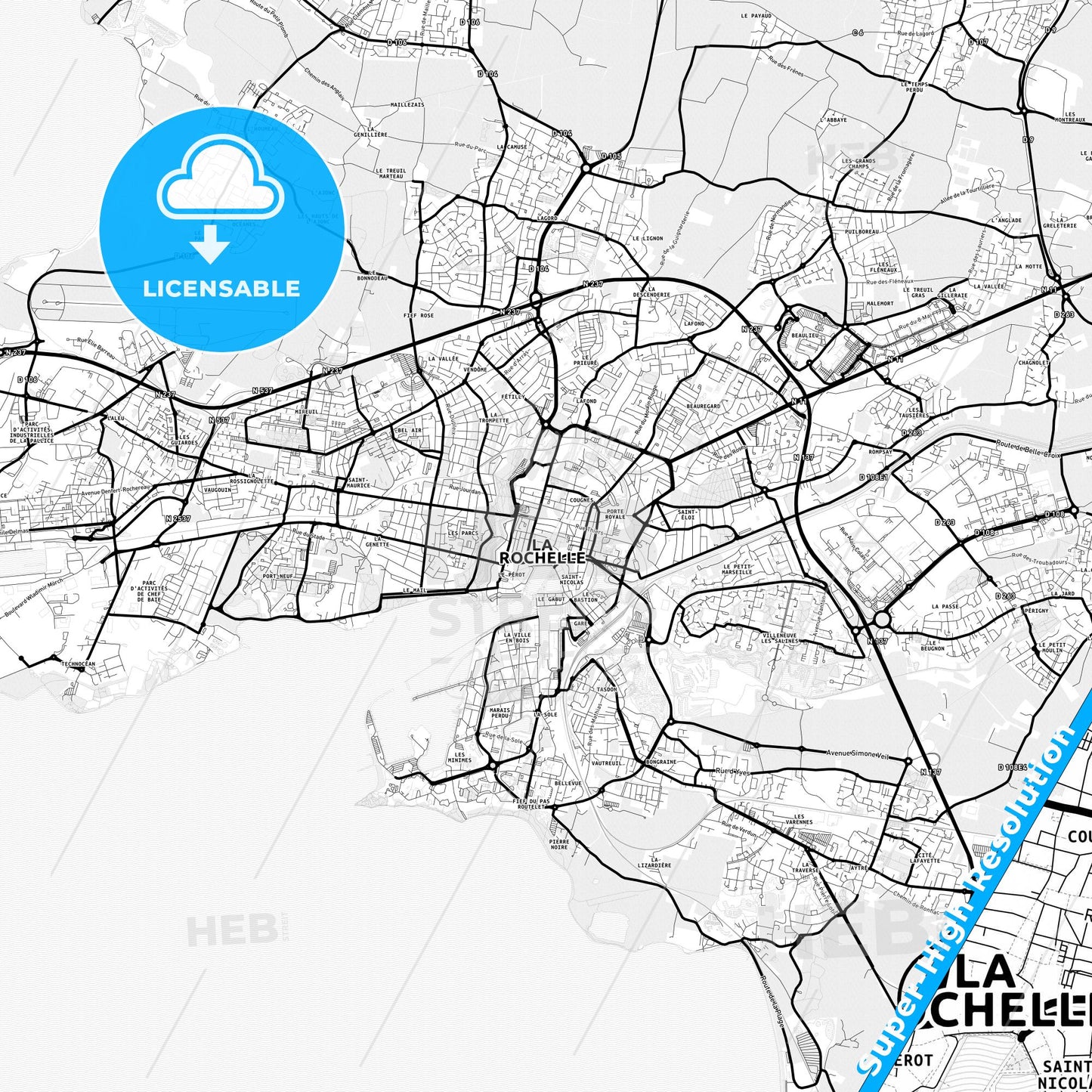 La Rochelle, France Light Map with Street Names, City Names, and Districts