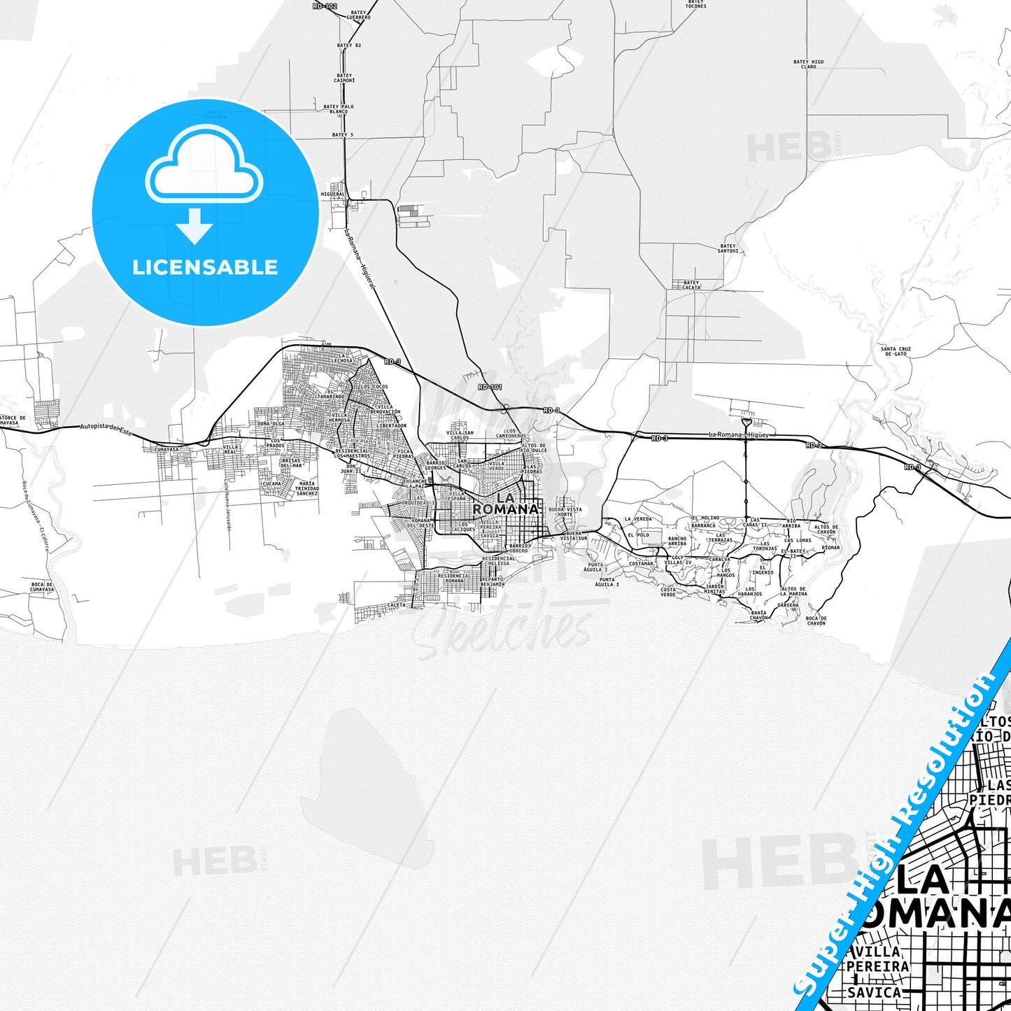 La Romana, Dominican Republic light map with streetnames, citynames and districts