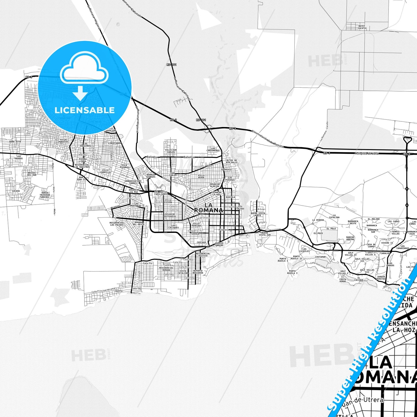 La Romana, Dominican Republic Light Map with Street Names, City Names, and Districts