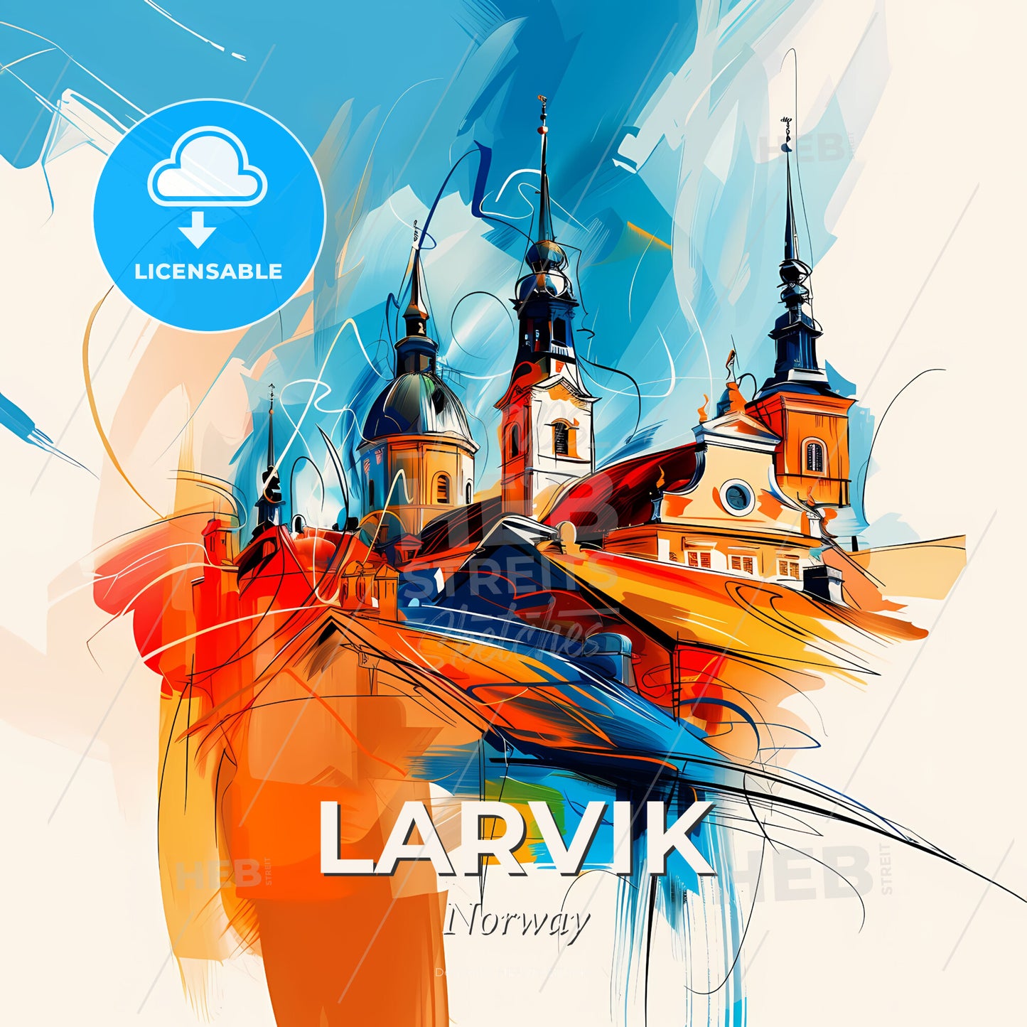 Vibrant Larvik, Norway - A Painting Of A Building With Towers - Square format print template