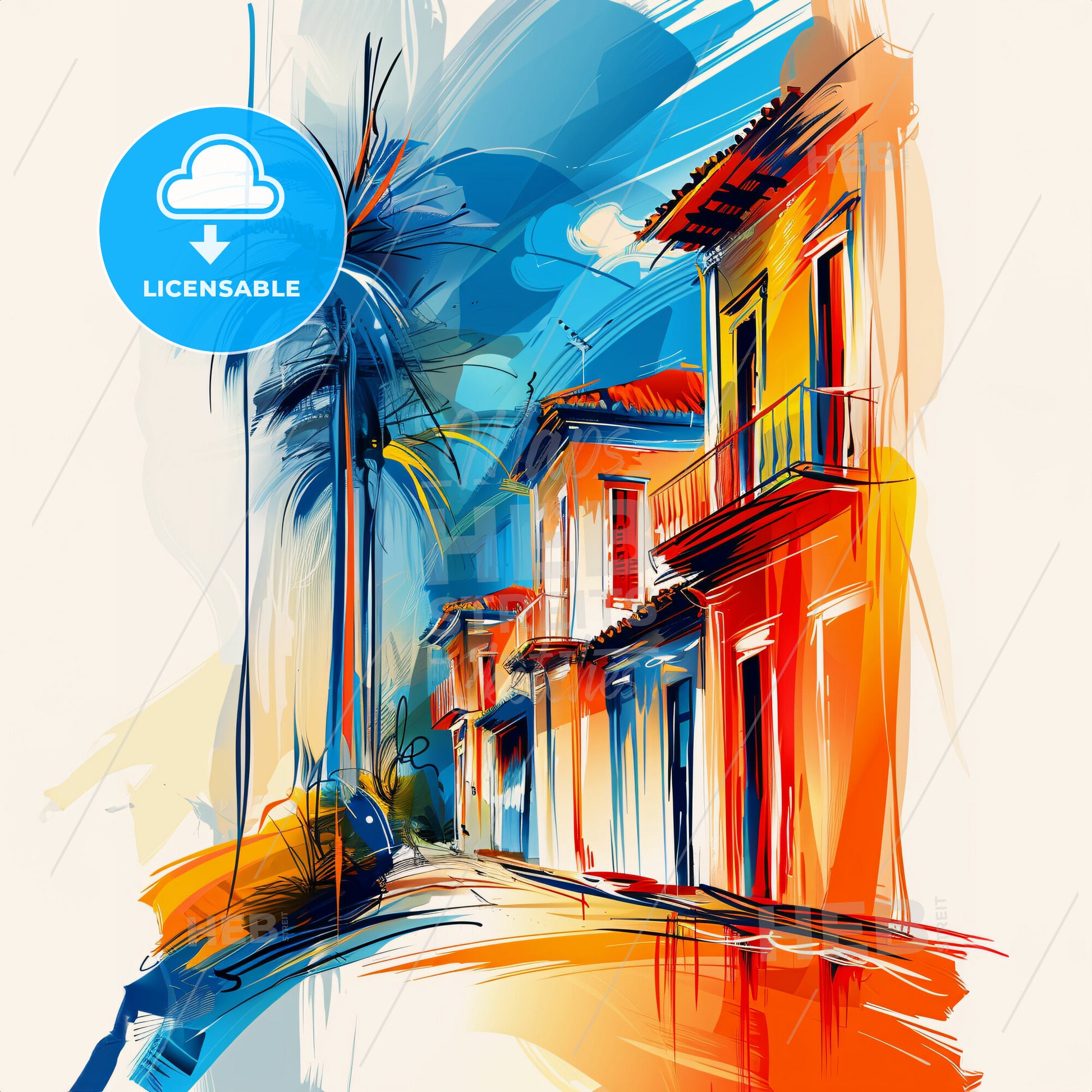 Vibrant Las Tunas, Cuba - A Painting Of A Street With Buildings And Palm Trees