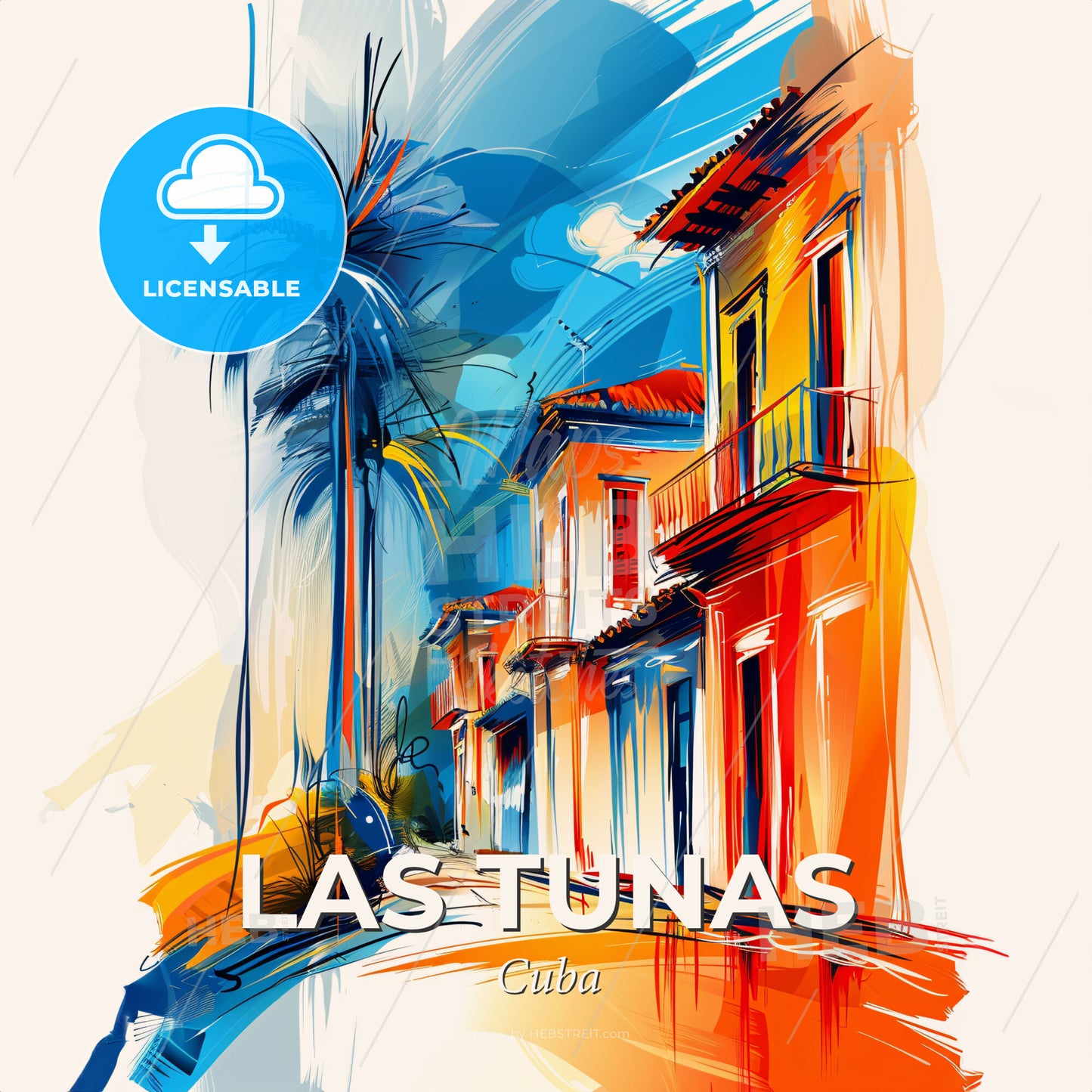 Vibrant Las Tunas, Cuba - A Painting Of A Street With Buildings And Palm Trees - Square format print template