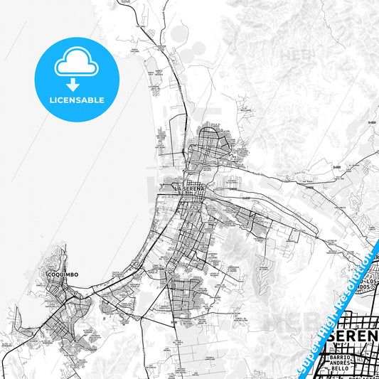 La Serena, Chile light map with streetnames, citynames and districts