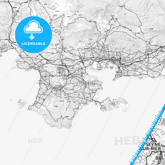 La Seyne-sur-Mer, France light map with streetnames, citynames and districts