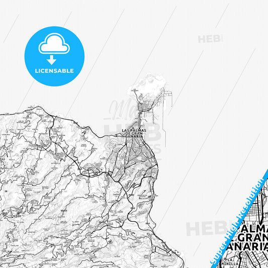Las Palmas de Gran Canaria, Spain light map with streetnames, citynames and districts