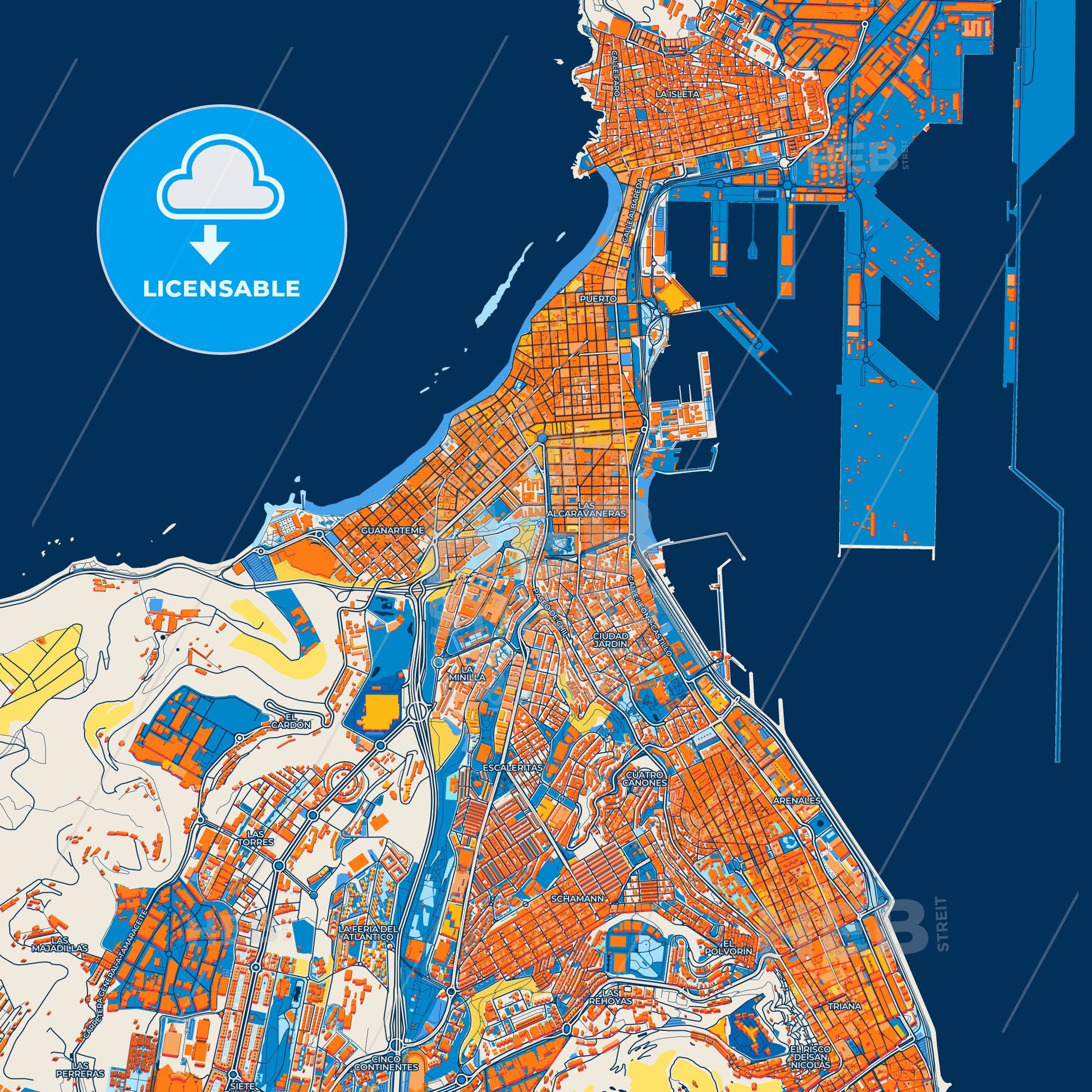 Colorful Las Palmas de Gran Canaria Street Map with Labels and Buildings