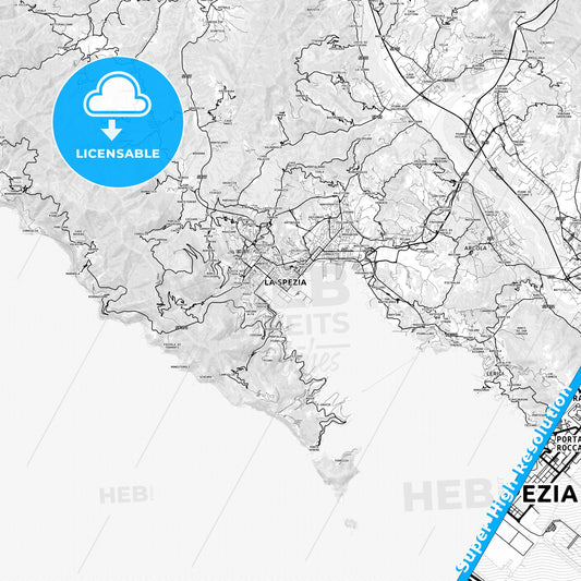 La Spezia, Italy light map with streetnames, citynames and districts