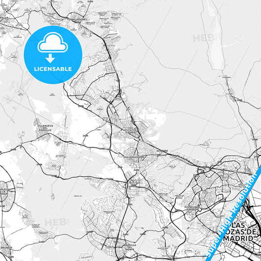 Las Rozas de Madrid, Spain light map with streetnames, citynames and districts