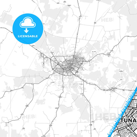 Las Tunas, Cuba light map with streetnames, citynames and districts