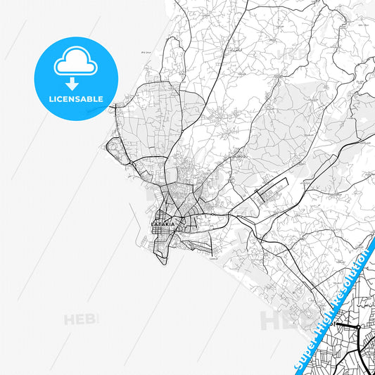 Latakia, Syria light map with streetnames, citynames and districts