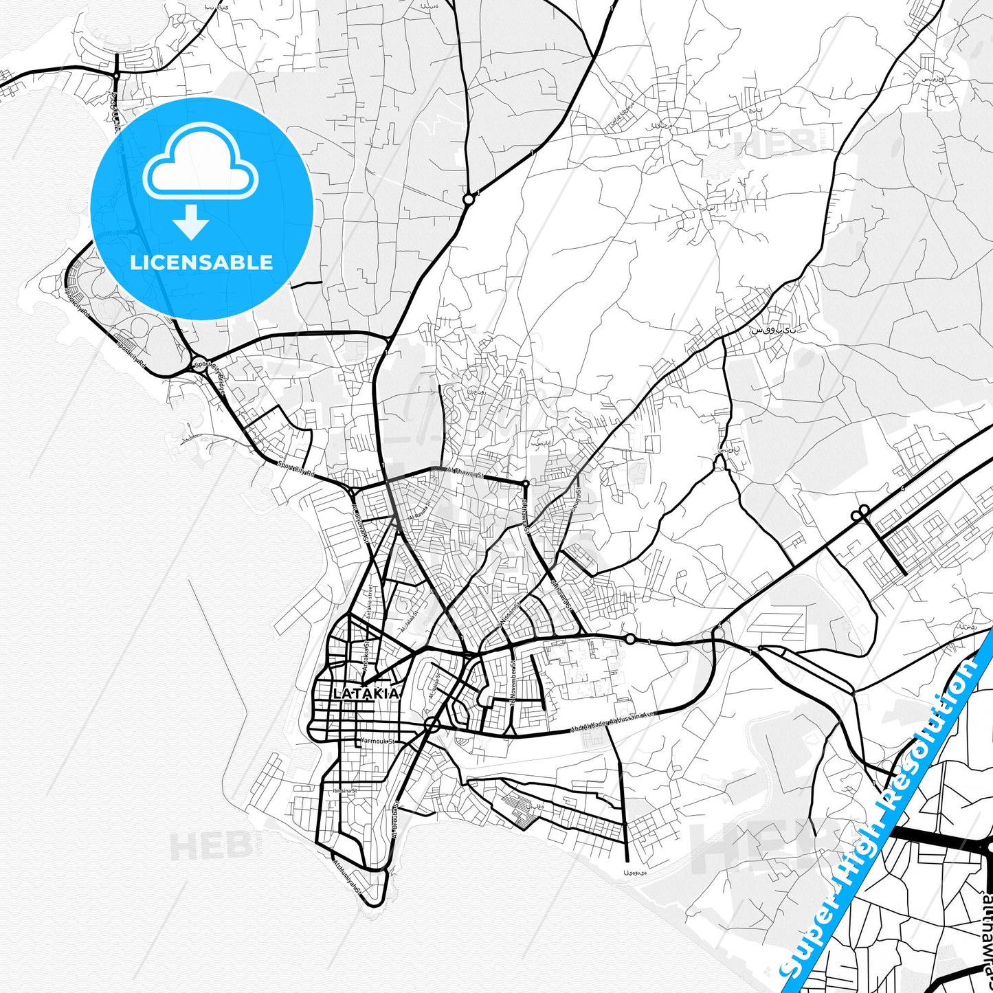 Latakia, Syria Light Map with Street Names, City Names, and Districts
