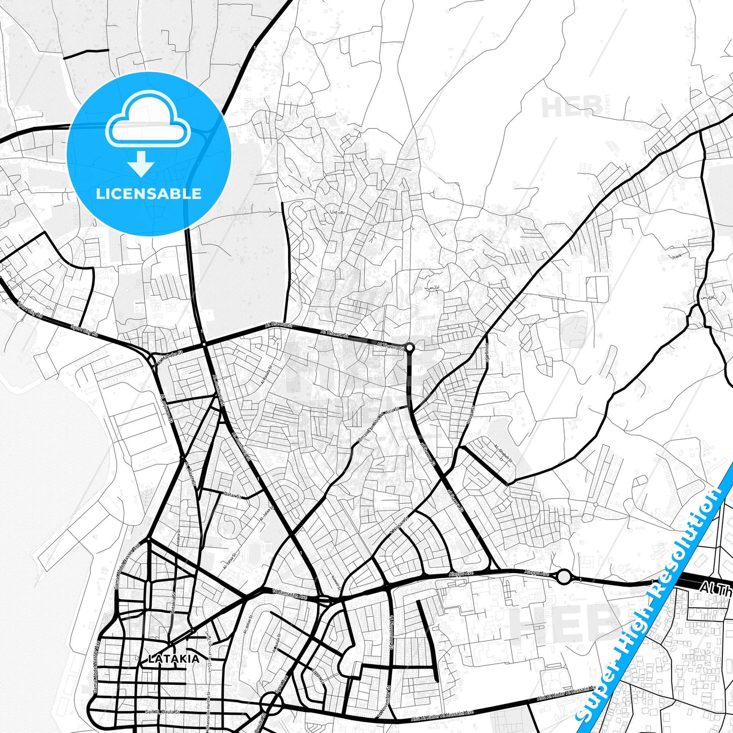 Latakia, Syria Light Map with Street Names, City Names, and Districts