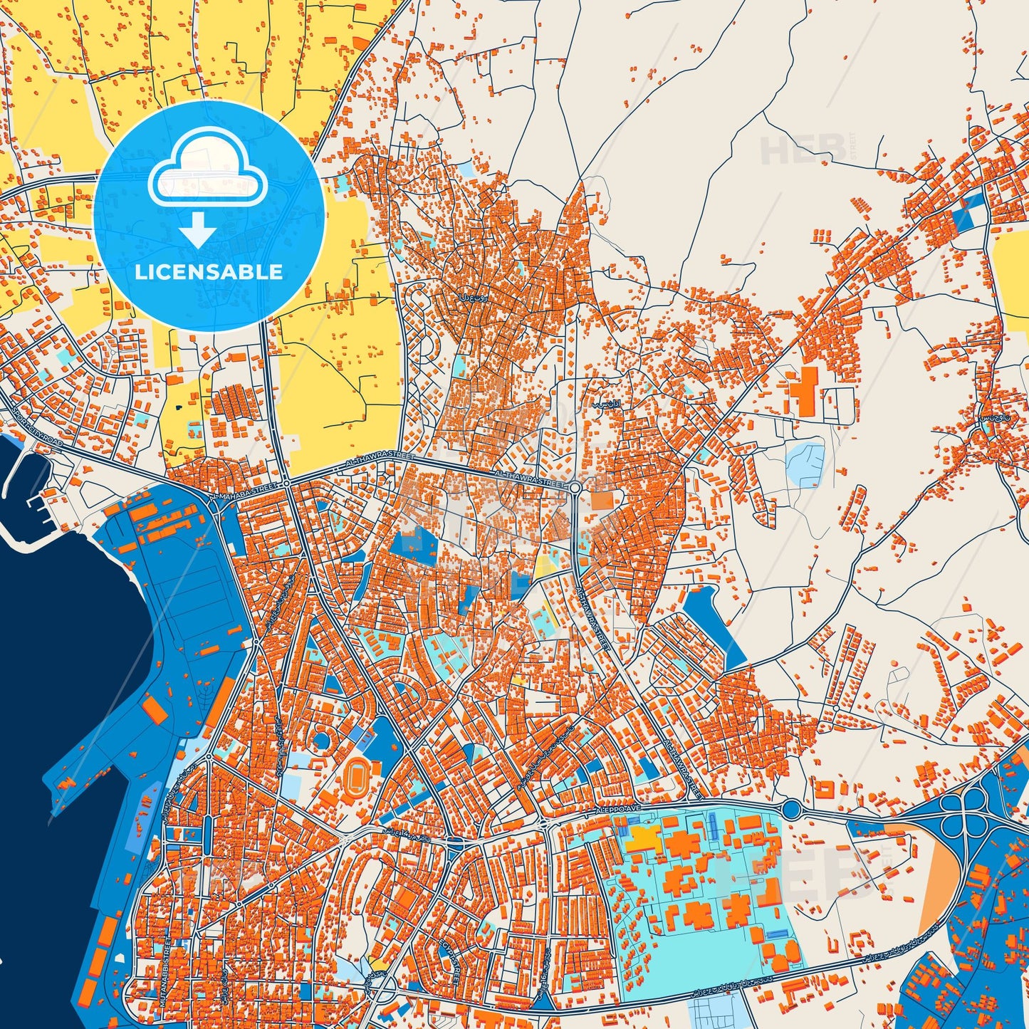 Colorful Latakia Street Map with Labels and Buildings
