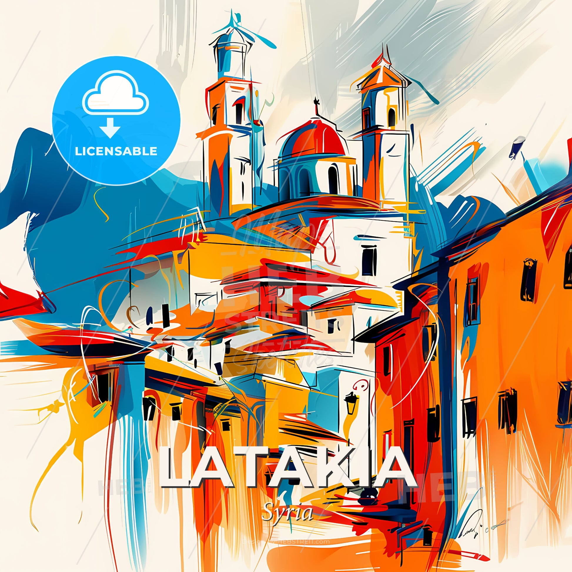Vibrant Latakia, Syria - A Painting Of A Building With Towers And A Dome - Square format print template