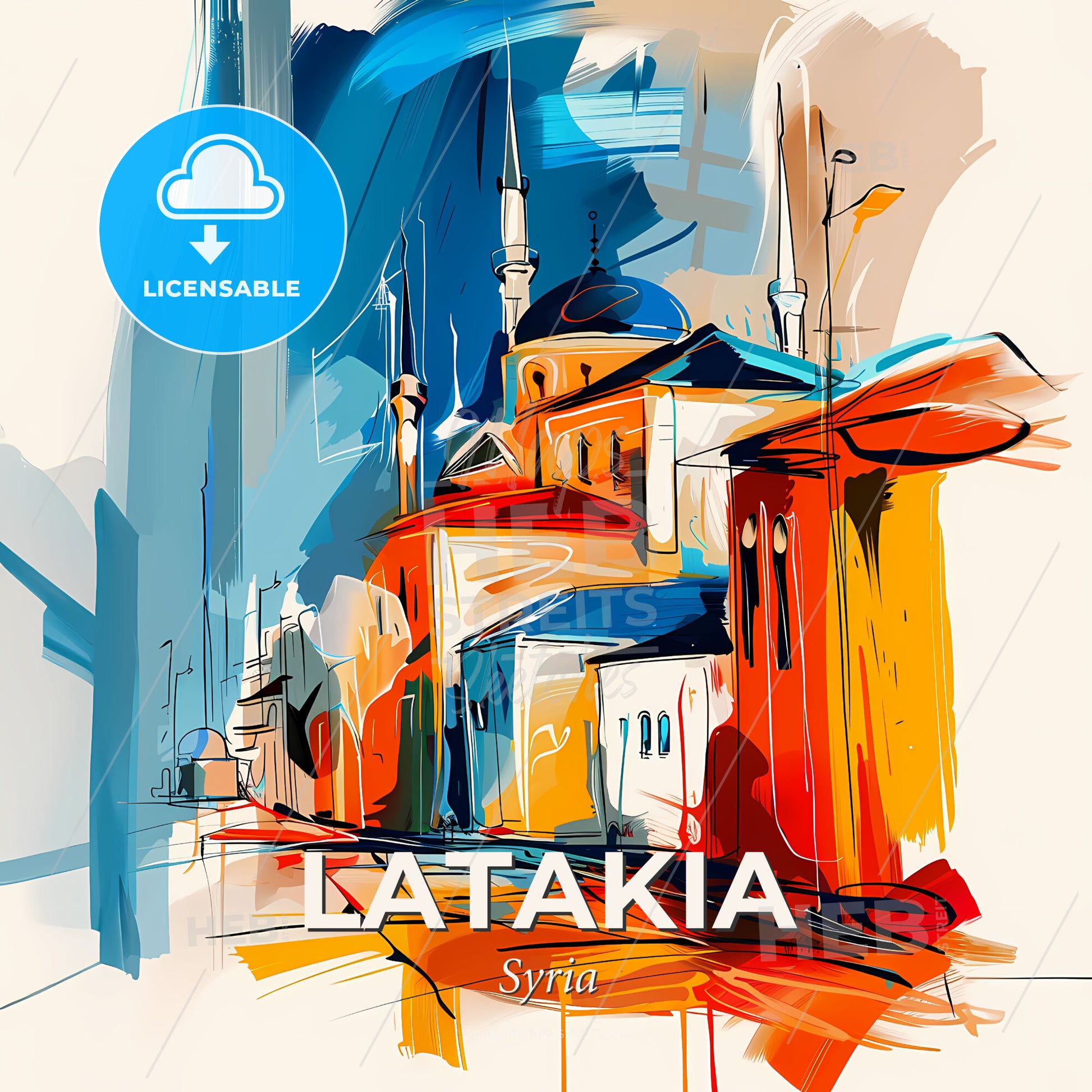 Vibrant Latakia, Syria - A Painting Of A Building - Square format print template