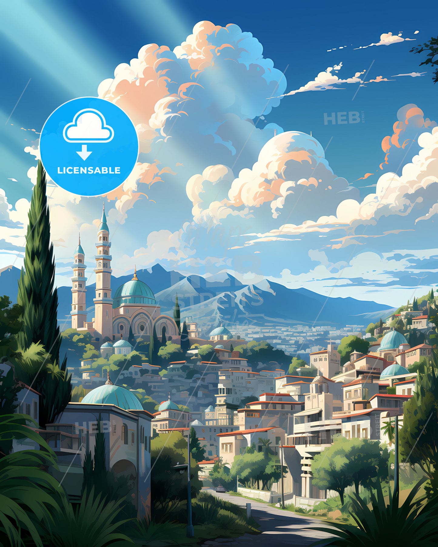 Vibrant Watercolor Painting of Latakia Syria Skyline with Trees and Mountains