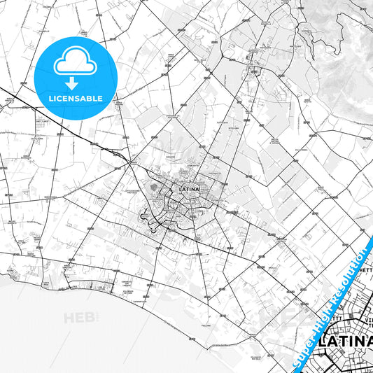 Latina, Italy light map with streetnames, citynames and districts