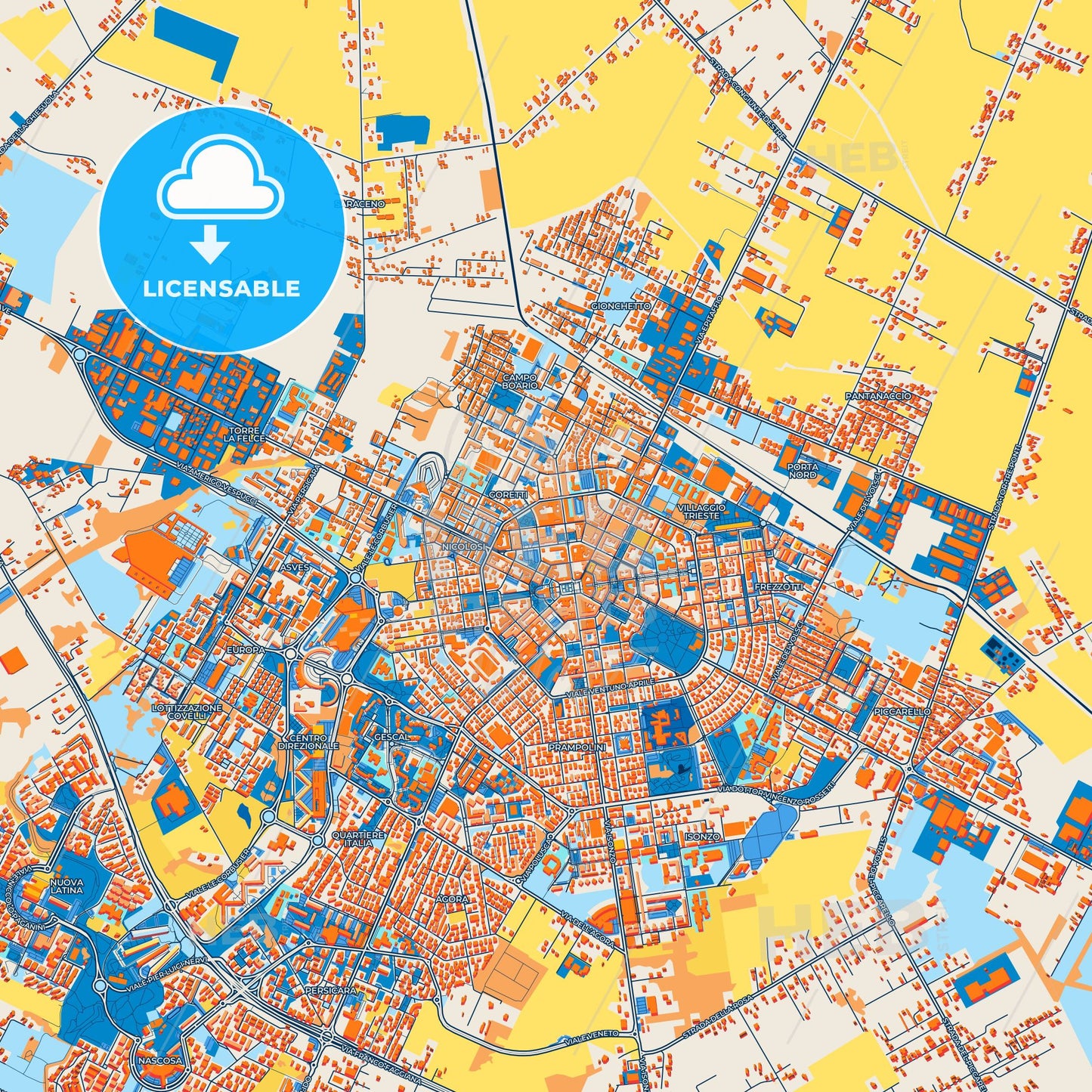 Colorful Latina Street Map with Labels and Buildings