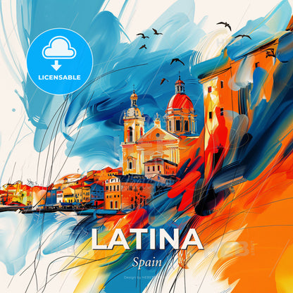 Vibrant Latina, Spain - A Painting Of A City With A Body Of Water And Birds Flying - Square format print template