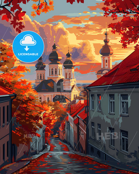 Vibrant Painting of a European Street Scene: Latvia, Europe, Buildings, Trees, Art, City