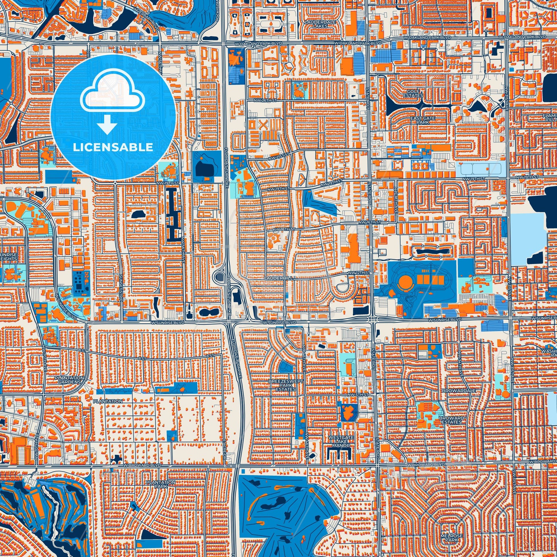 Colorful Lauderhill Street Map with Labels and Buildings