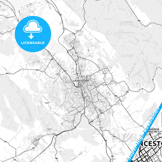 Launceston, Australia light map with streetnames, citynames and districts