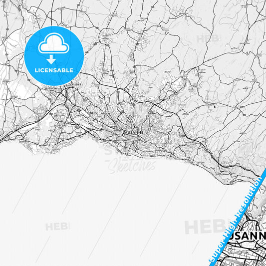 Lausanne, Switzerland light map with streetnames, citynames and districts