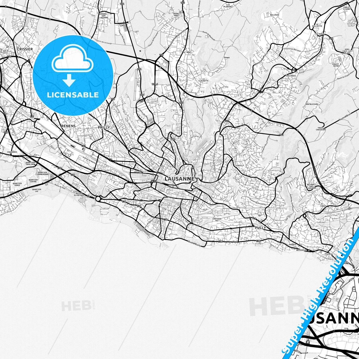 Lausanne, Switzerland Light Map with Street Names, City Names, and Districts
