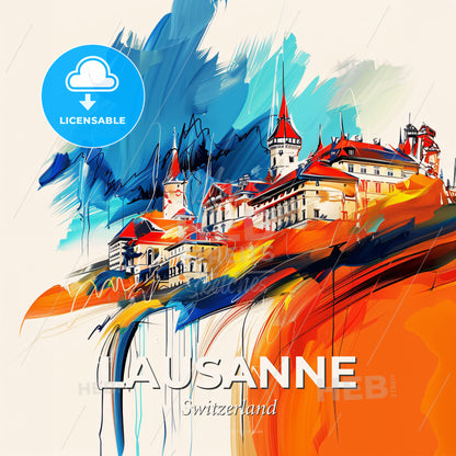 Vibrant Lausanne, Switzerland - A Painting Of A Castle On A Cliff - Square format print template