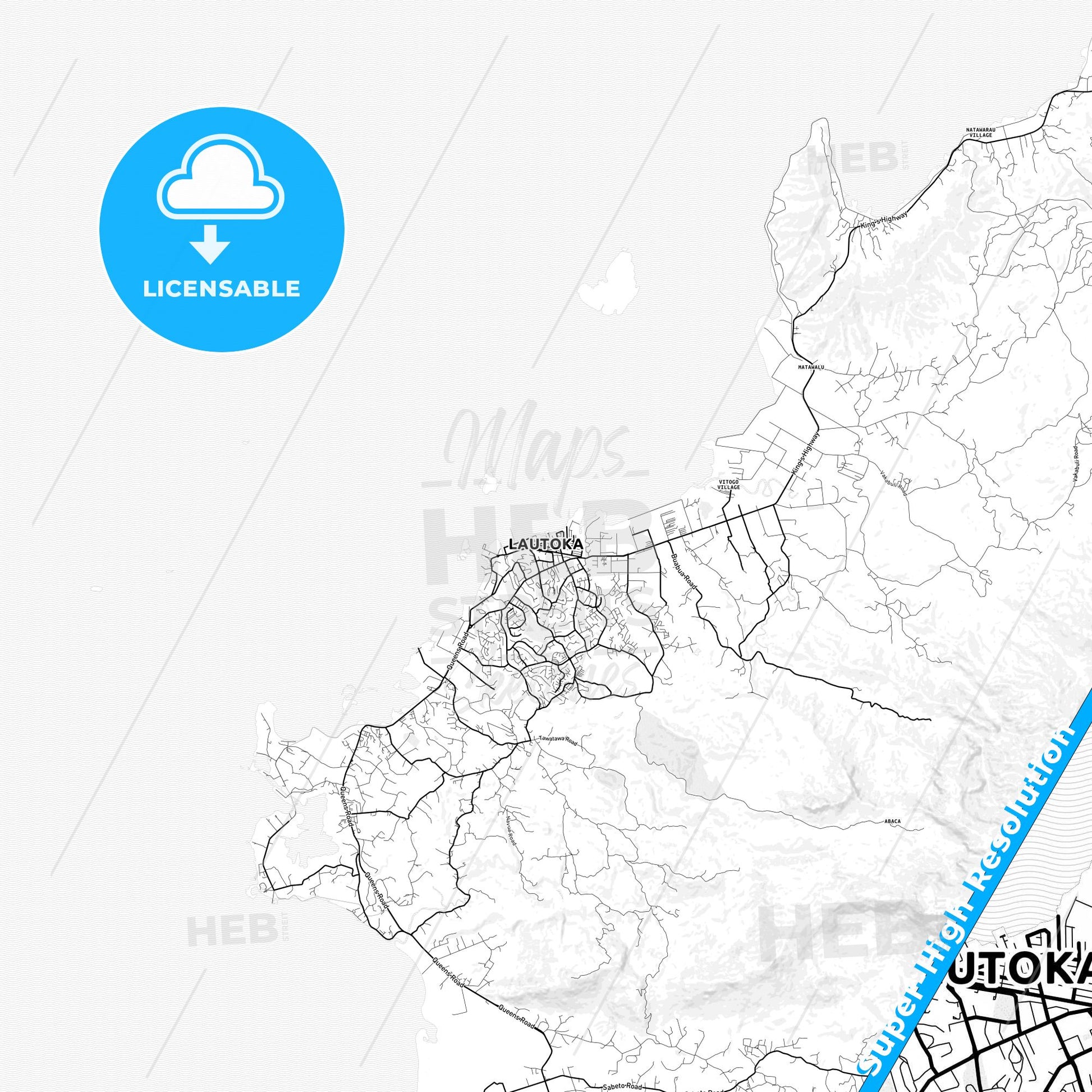 Lautoka, Fiji light map with streetnames, citynames and districts