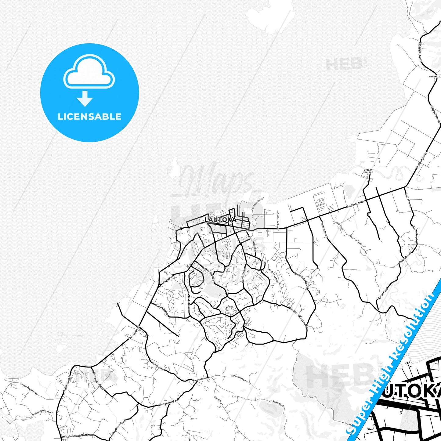 Lautoka, Fiji Light Map with Street Names, City Names, and Districts