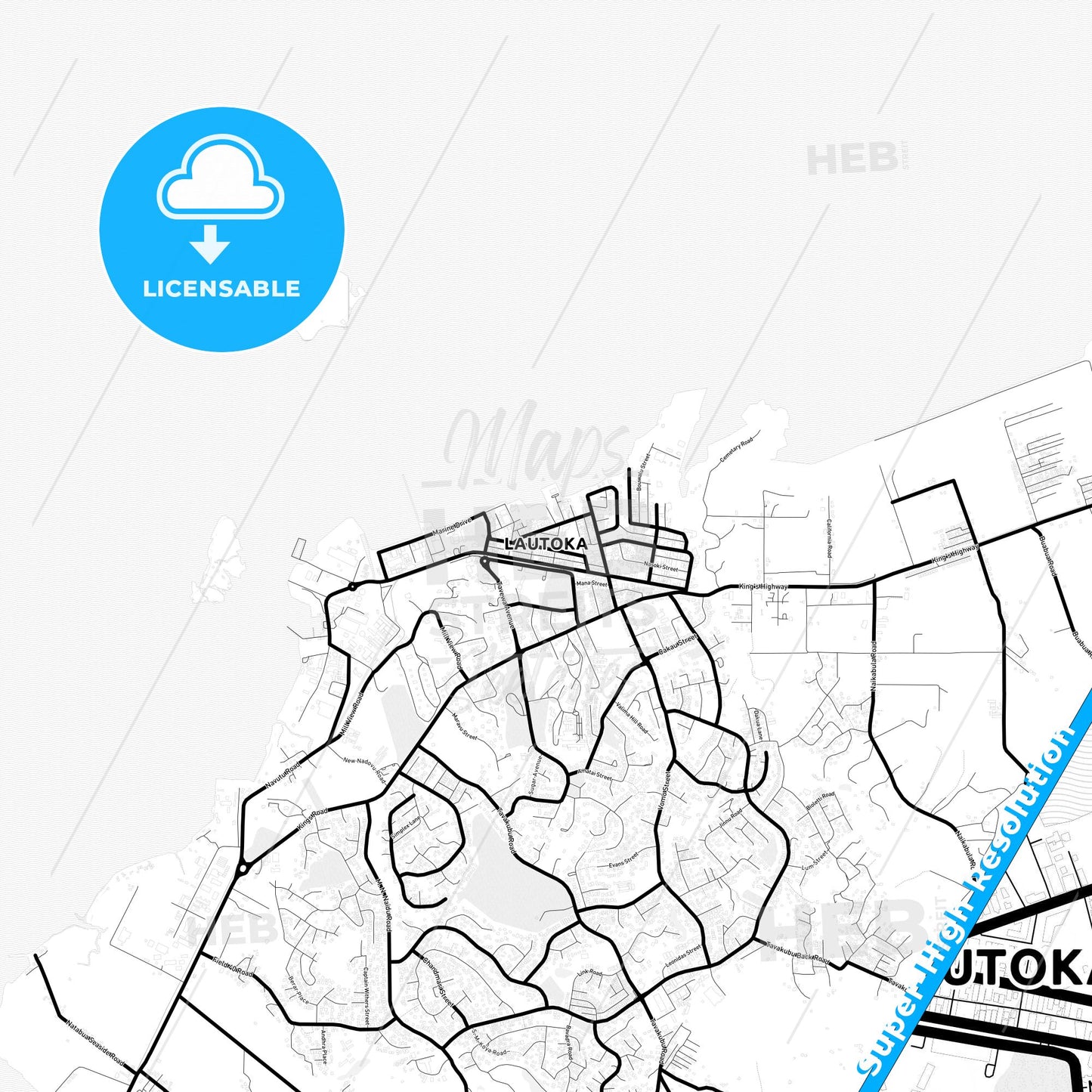 Lautoka, Fiji Light Map with Street Names, City Names, and Districts
