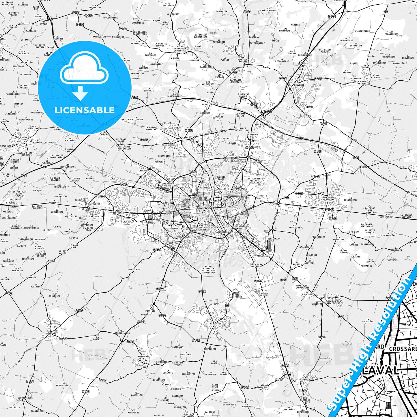 Laval, France light map with streetnames, citynames and districts