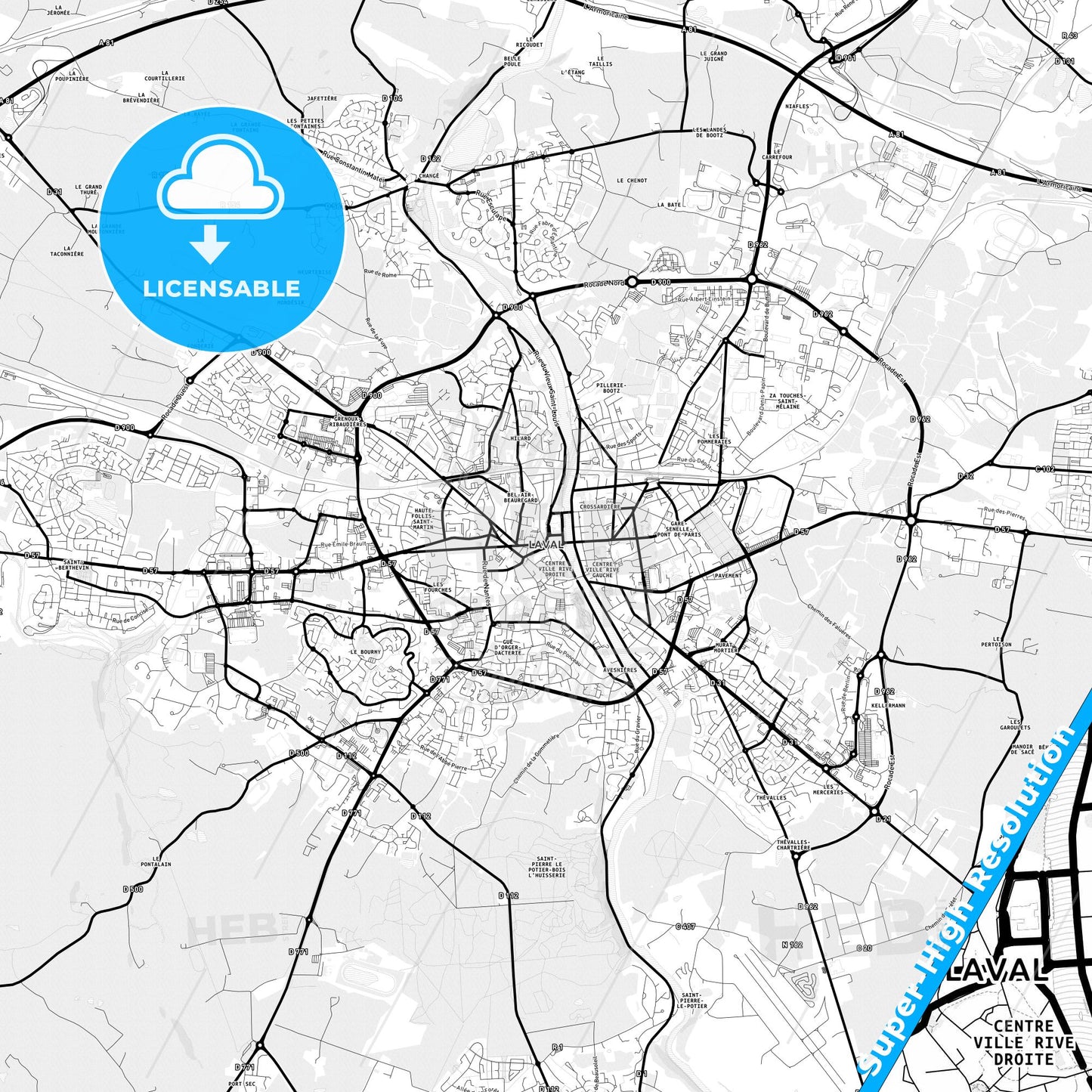 Laval, France Light Map with Street Names, City Names, and Districts