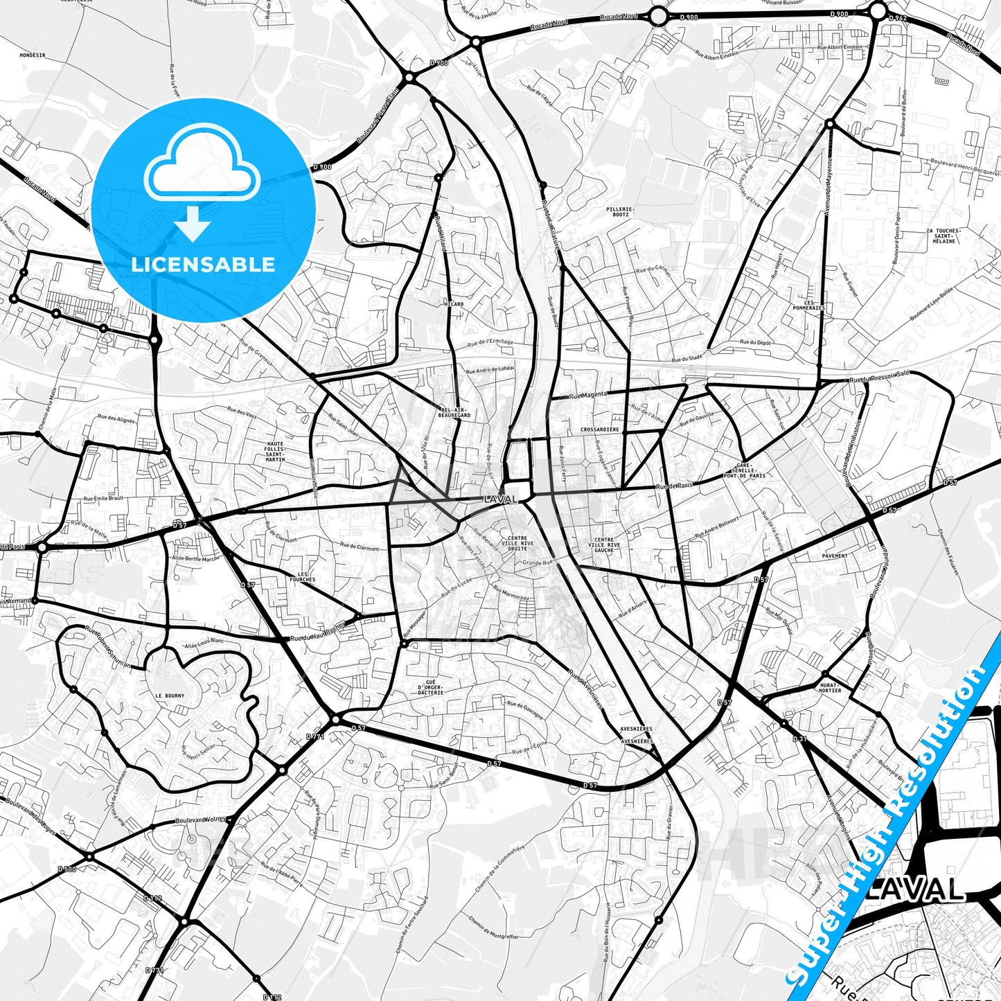 Laval, France Light Map with Street Names, City Names, and Districts