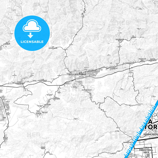 La Victoria, Venezuela light map with streetnames, citynames and districts