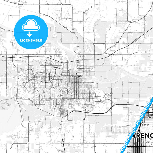 Lawrence, Kansas light map with streetnames, citynames and districts